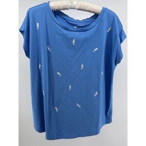 Island Shores Seahorse Embroidered Blue Tee Womens Lg Coastal Nautical Beach Top